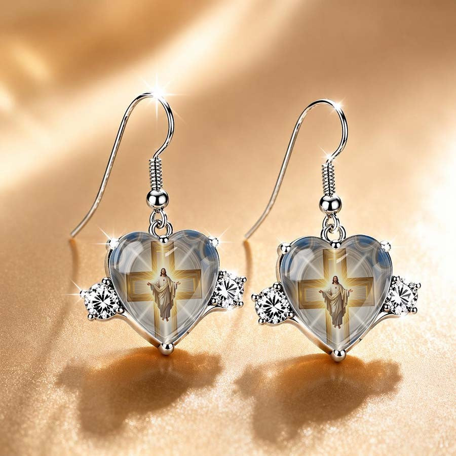 Sacred Heart Cross Dangle Earrings