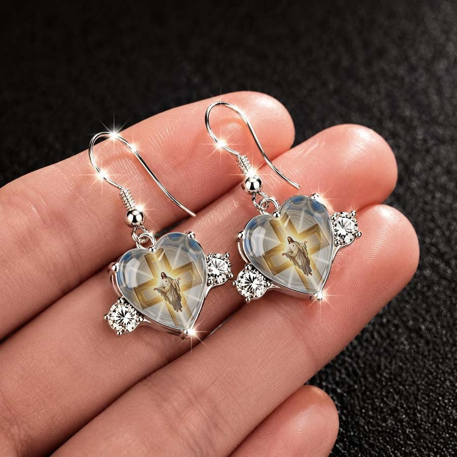 Sacred Heart Cross Dangle Earrings