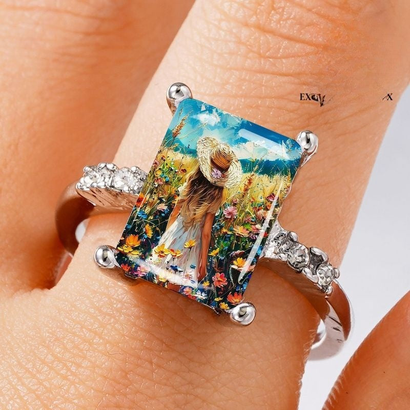 Oil Painting Floral Rectangular Ring