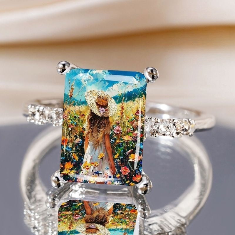 Oil Painting Floral Rectangular Ring