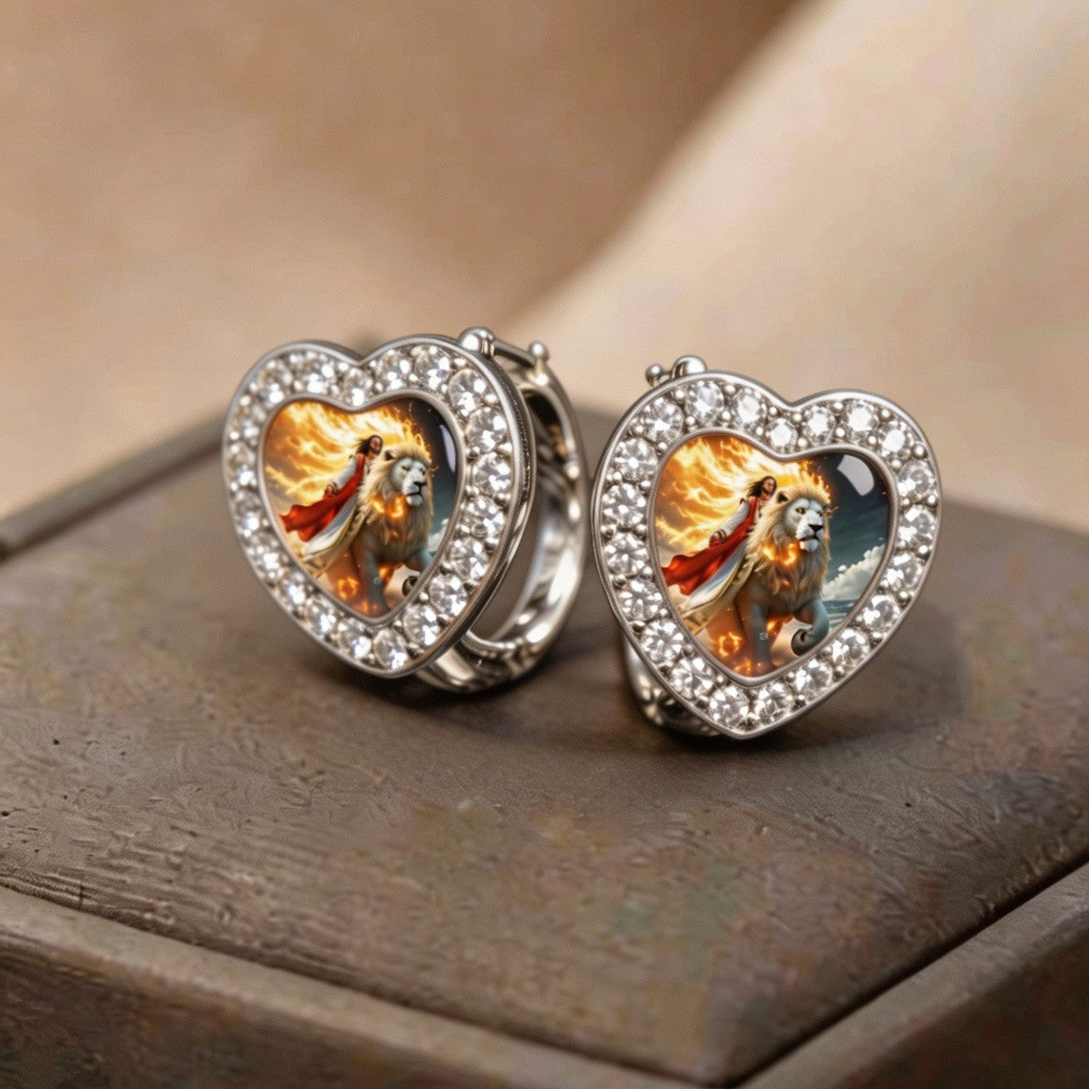 Crystal Heart Lion Huggie Earrings