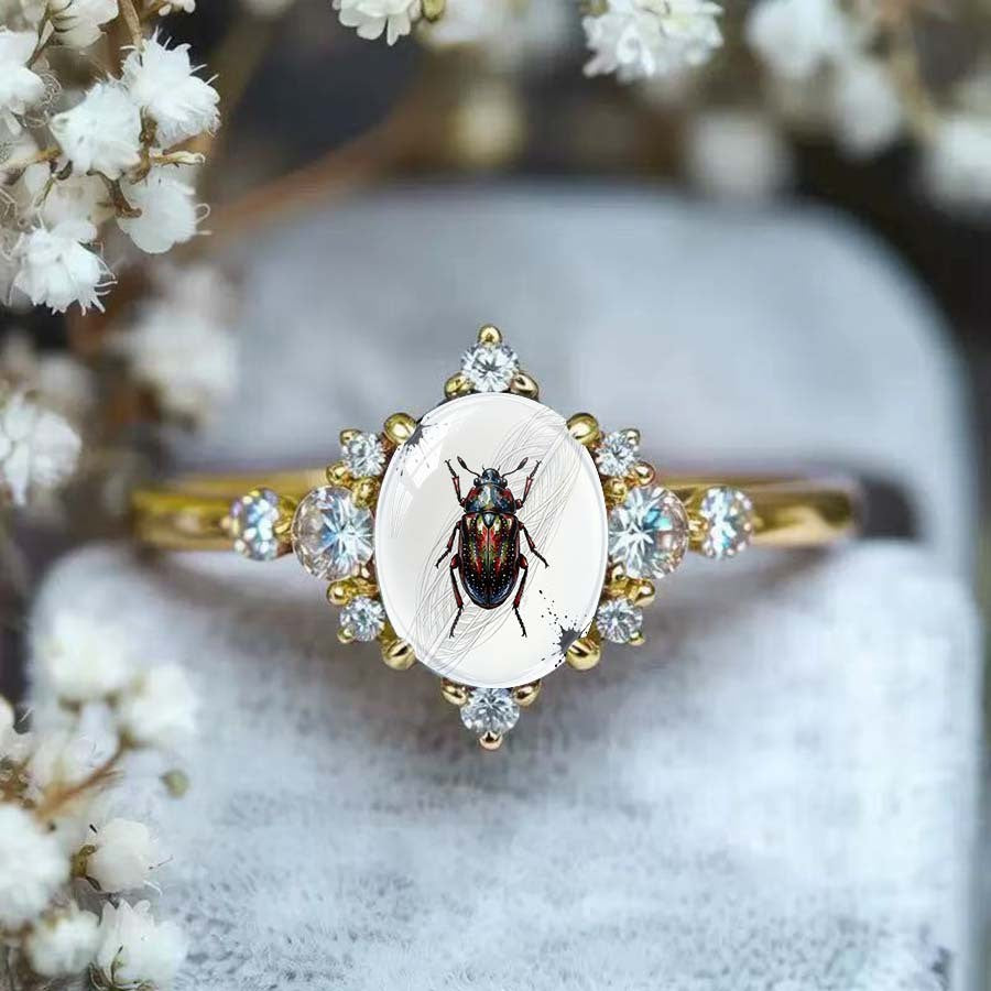 Beetle & Crystal Oval Ring