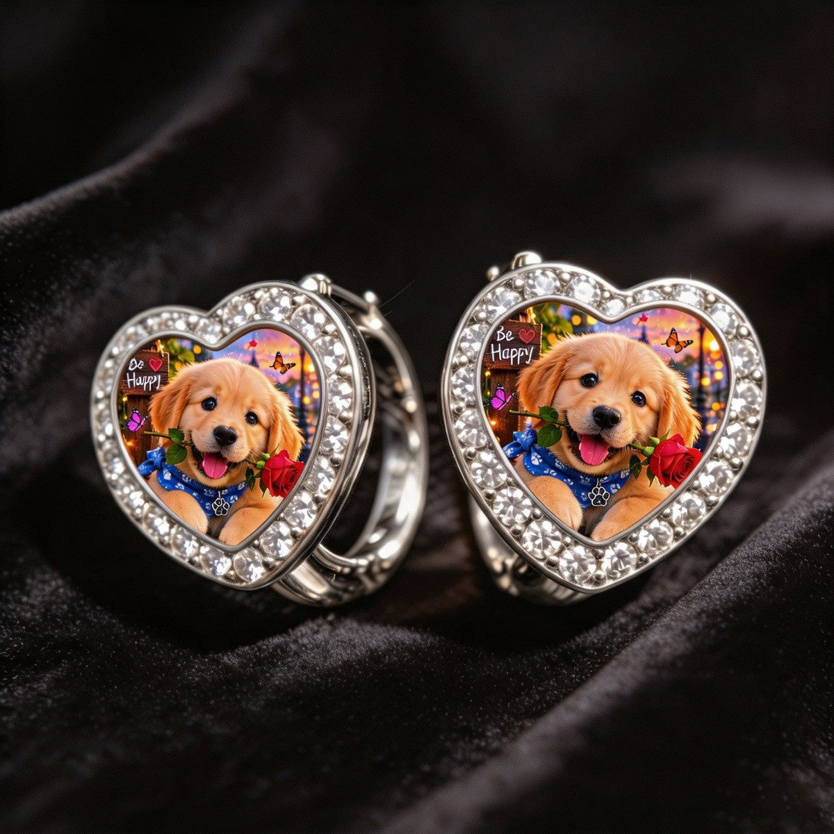 Puppy Portrait Crystal Heart Earrings