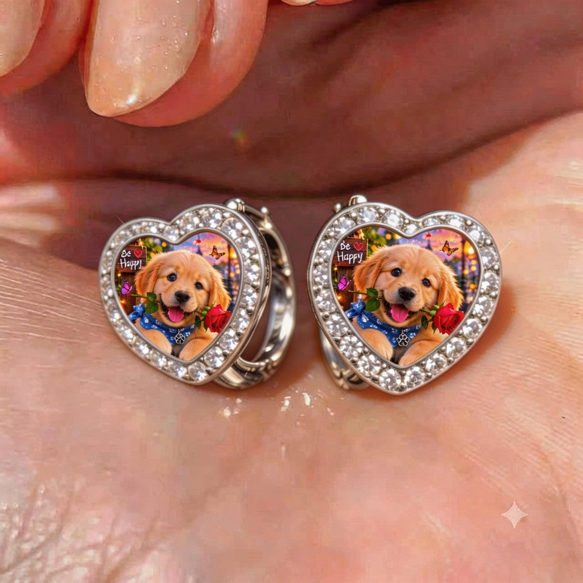 Puppy Portrait Crystal Heart Earrings