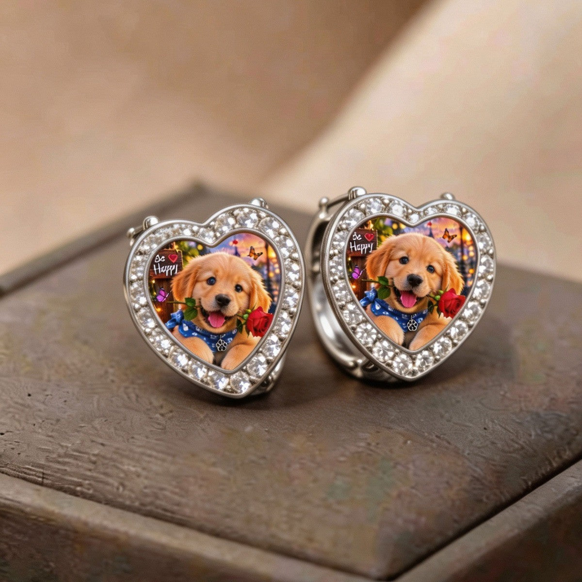 Puppy Portrait Crystal Heart Earrings