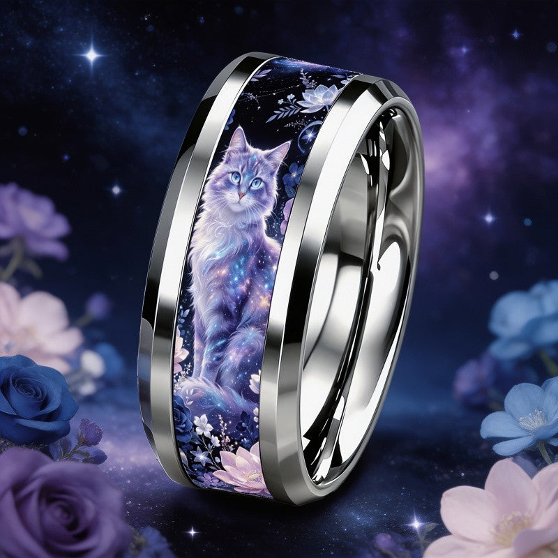Galaxy Cat Floral Band Ring