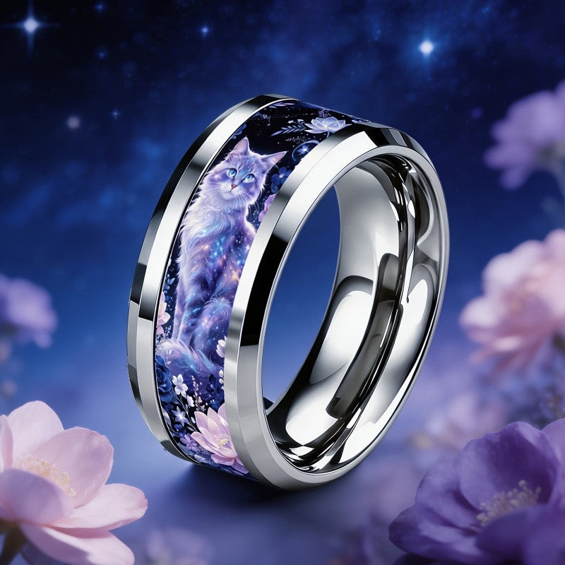Galaxy Cat Floral Band Ring