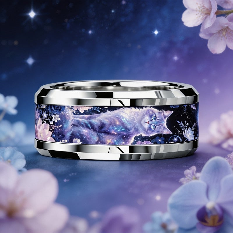 Galaxy Cat Floral Band Ring