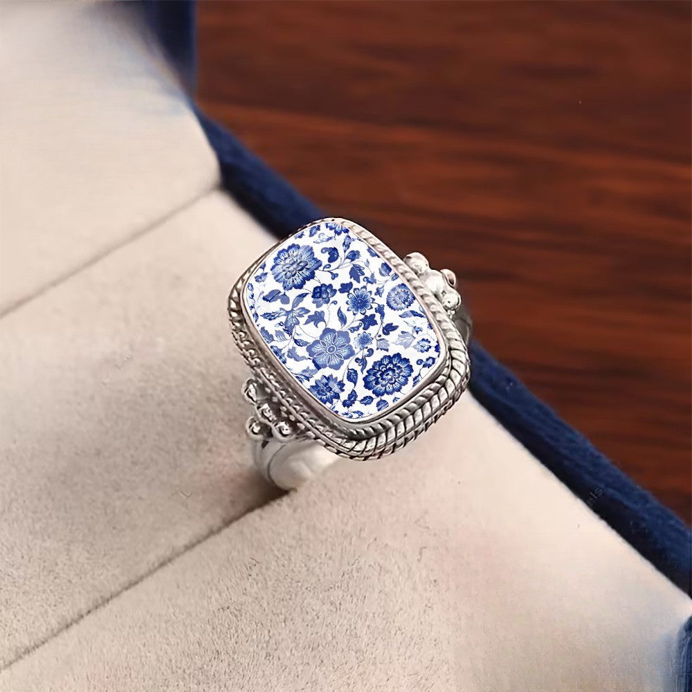 Blue Floral Woven Rope Square Ring