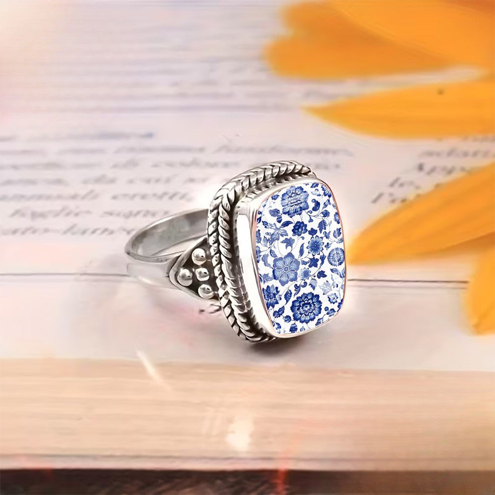 Blue Floral Woven Rope Square Ring