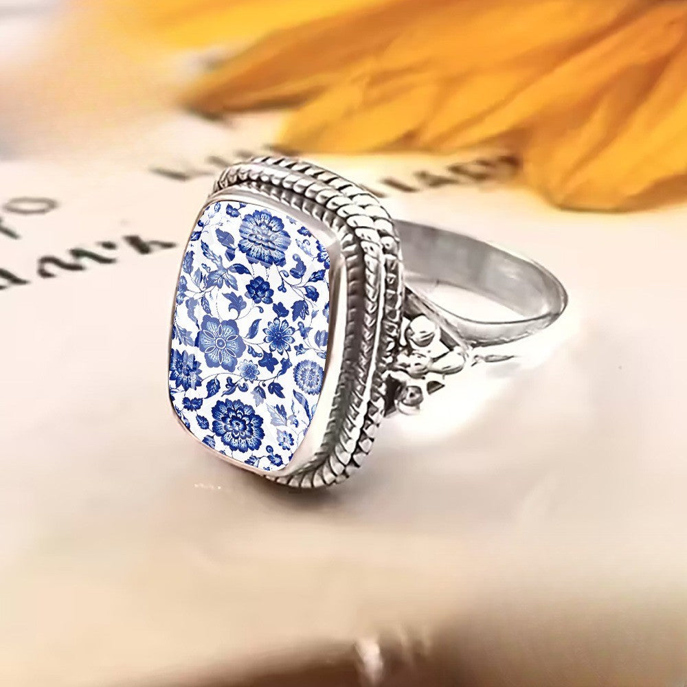 Blue Floral Woven Rope Square Ring