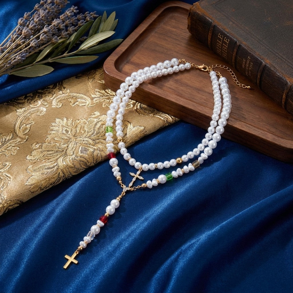 Pearl & Colored Bead Cross Y-Necklace Set
