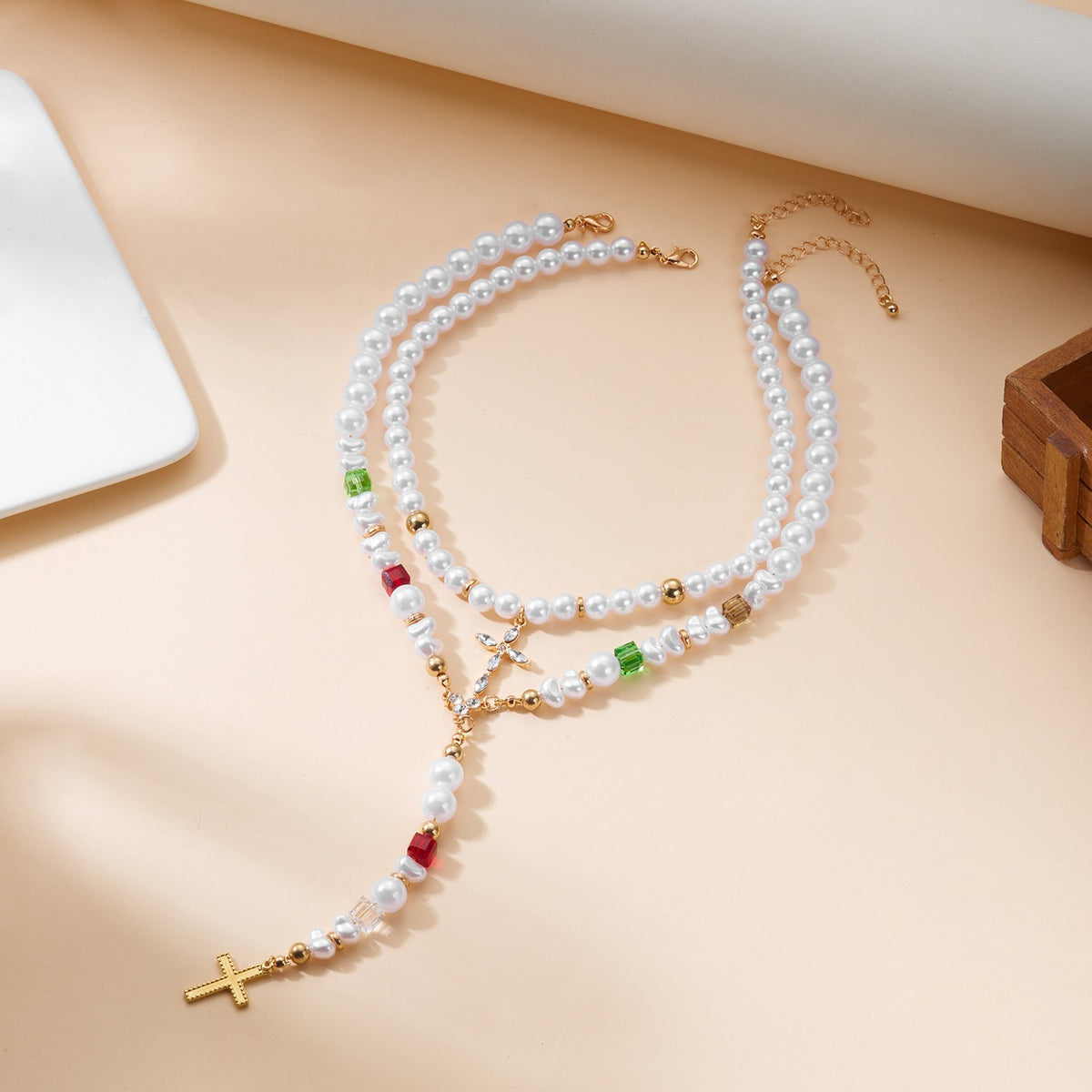Pearl & Colored Bead Cross Y-Necklace Set