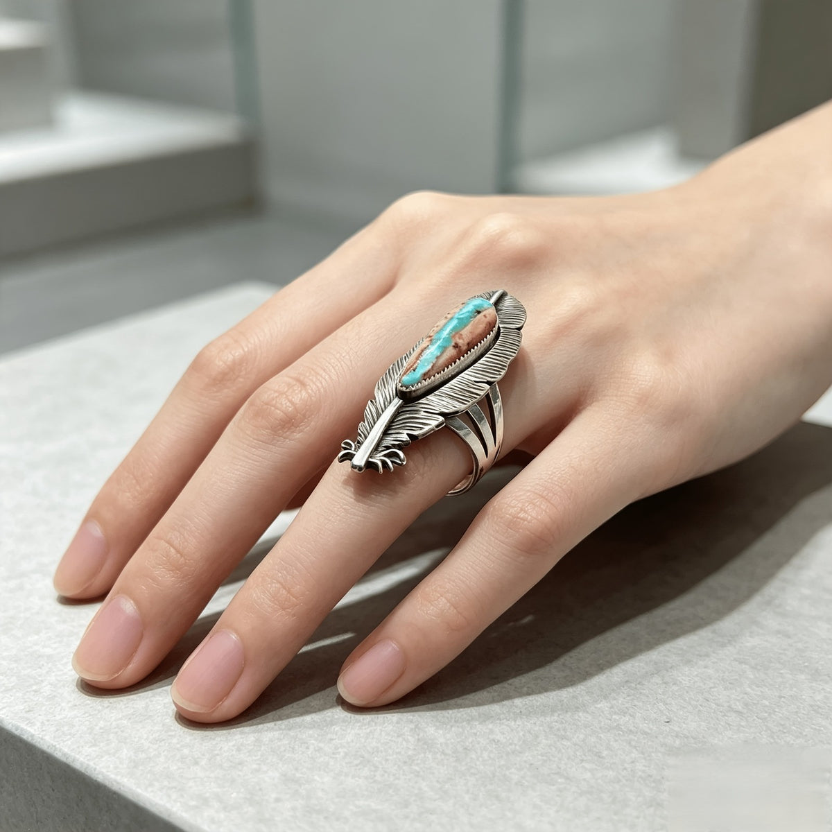 Carved Feather Turquoise Ring