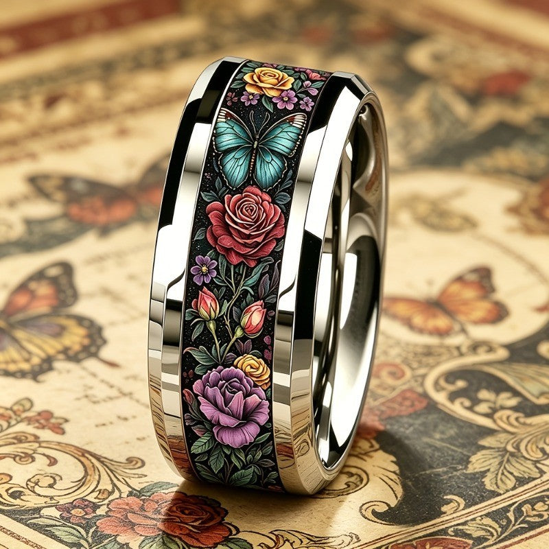 Blue Butterfly & Rose Ring