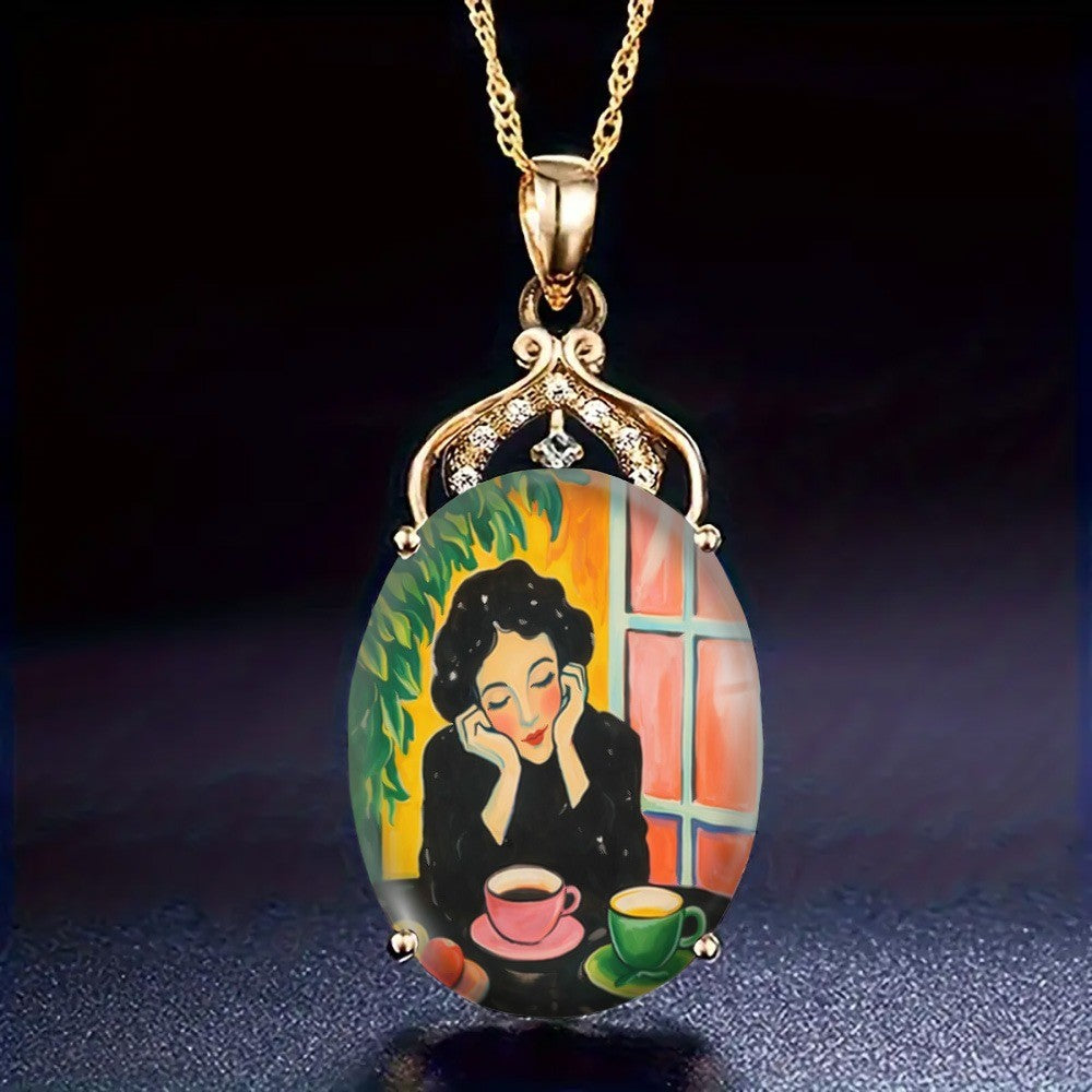 Window Scene Oval Pendant Necklace