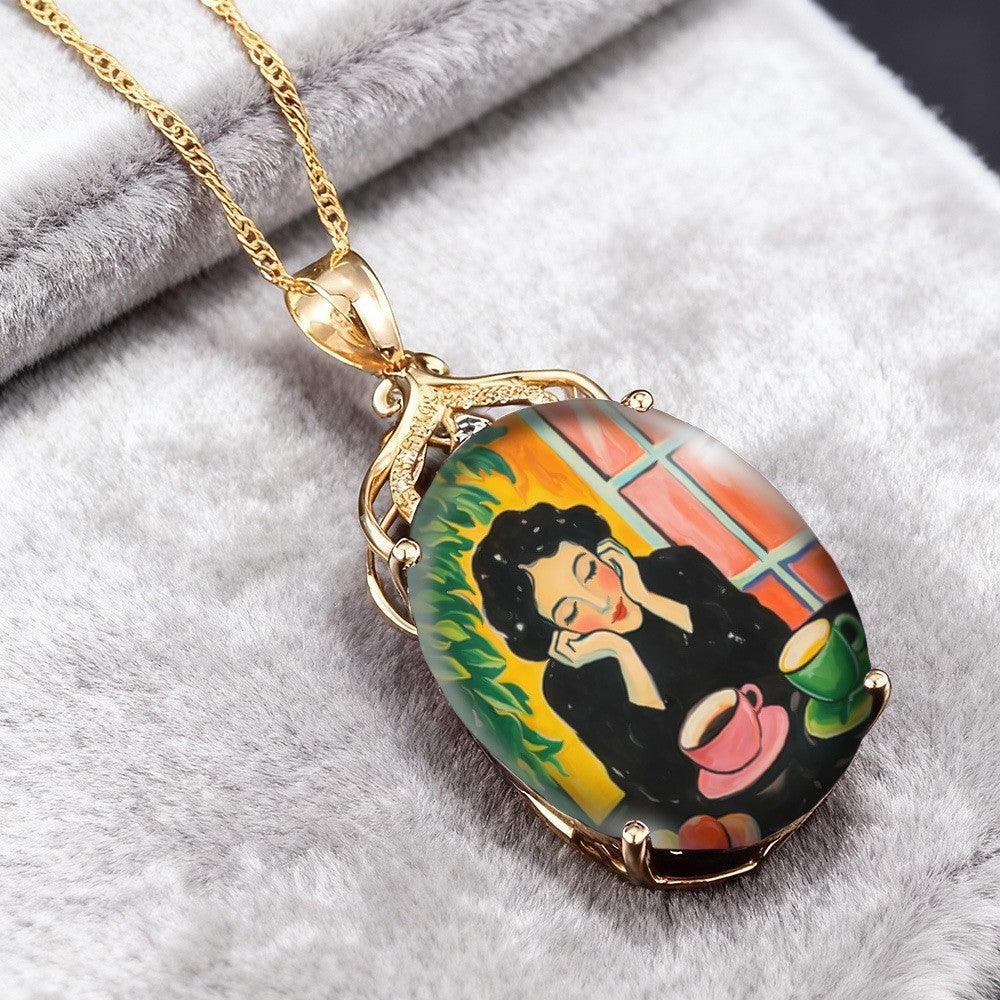 Window Scene Oval Pendant Necklace