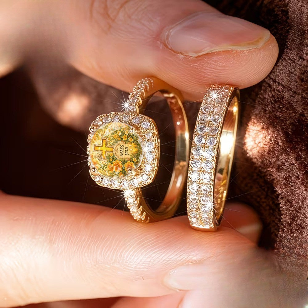 Floral Cross & Crystal Band Ring Set