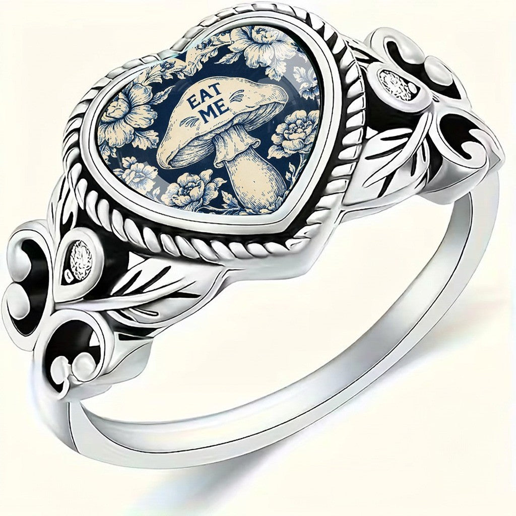 Blue Floral Mushroom Heart Ring