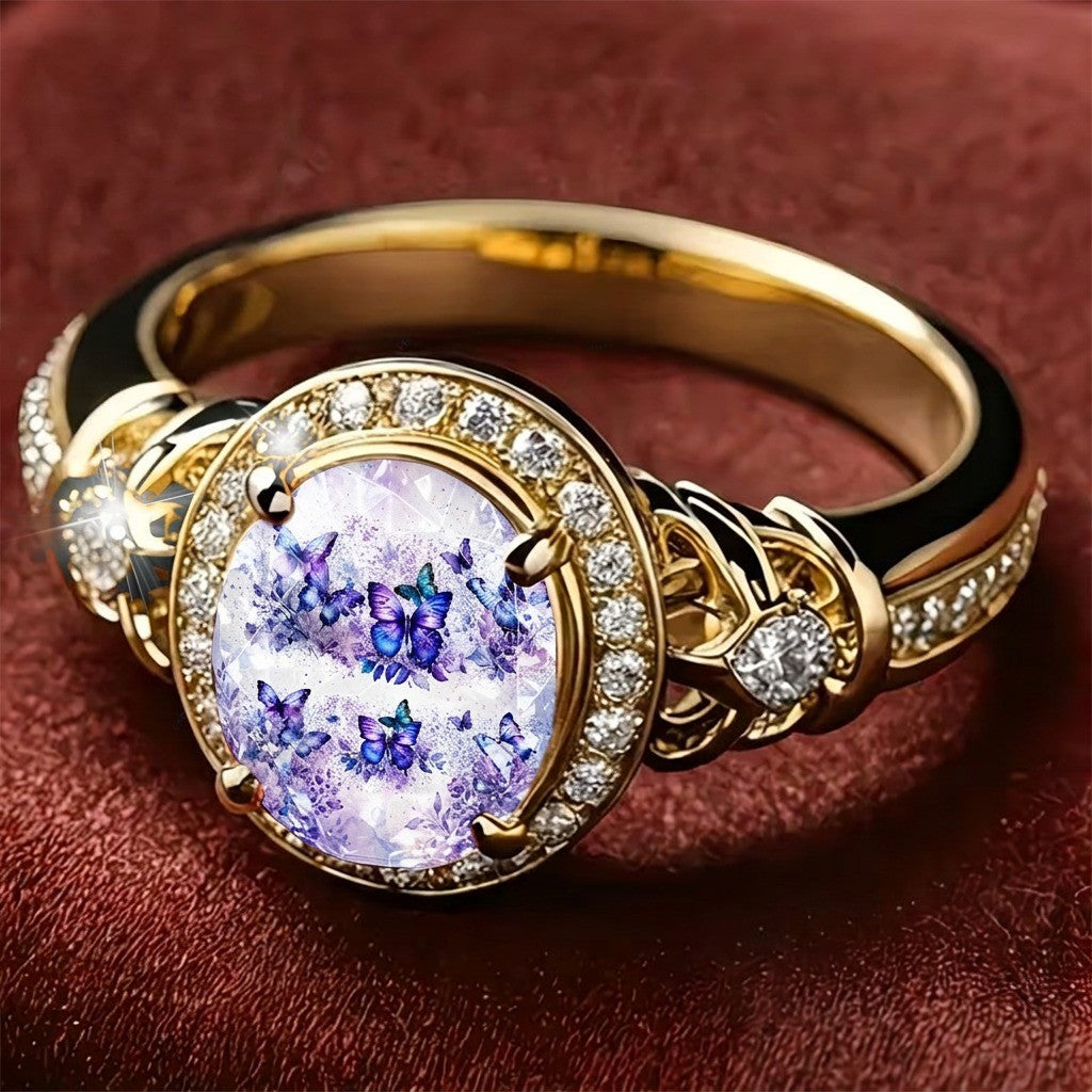 Purple Butterfly & Crystal Oval Ring