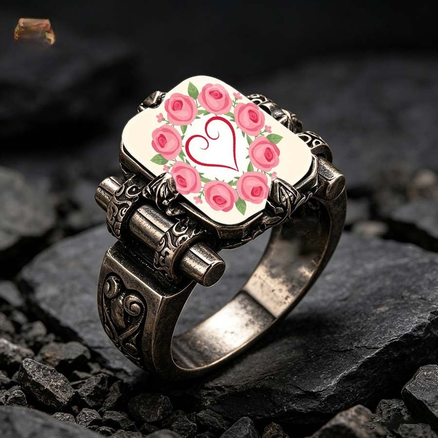 Pink Rose Heart Wreath Square Ring