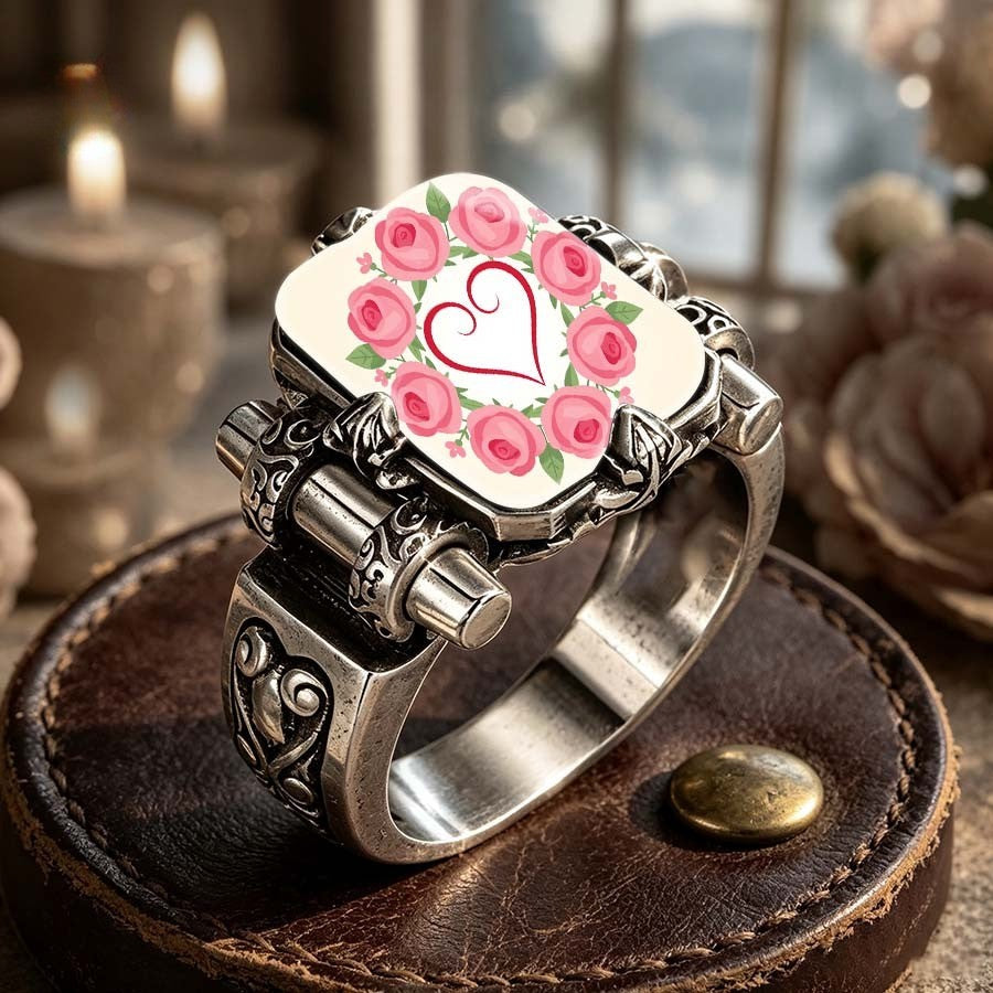 Pink Rose Heart Wreath Square Ring