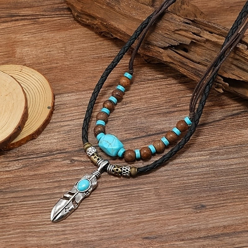 Turquoise Bead Feather Cord Necklace