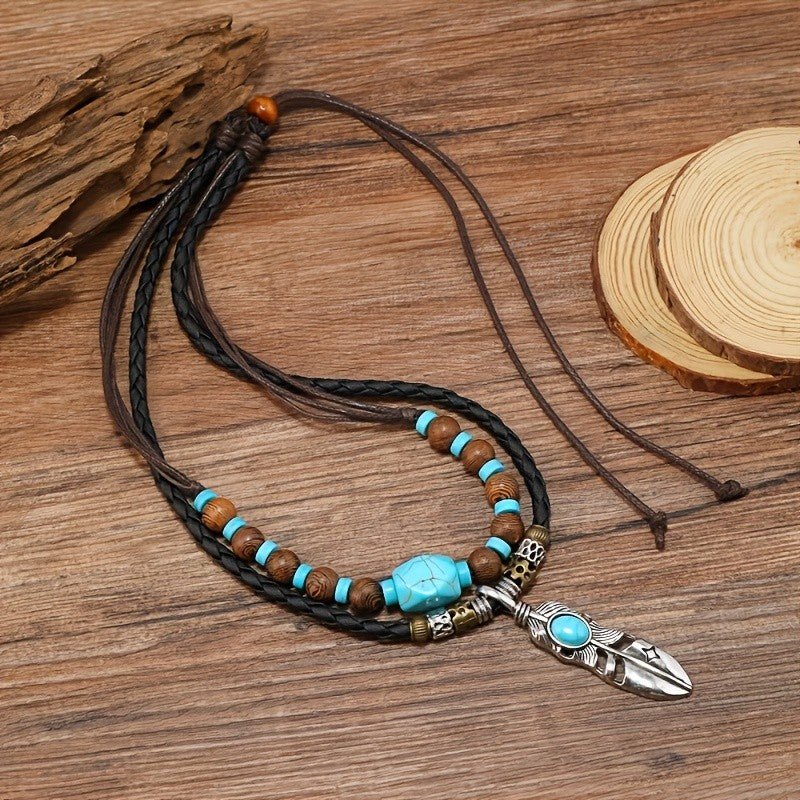 Turquoise Bead Feather Cord Necklace