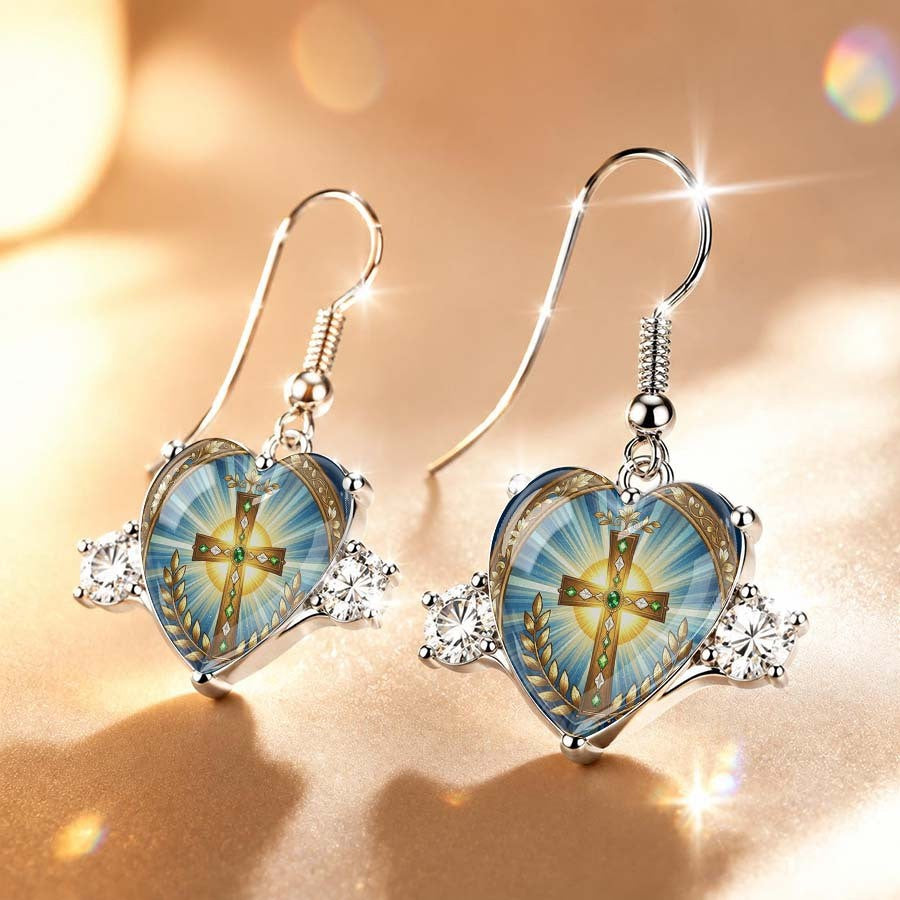 Radiant Cross Heart Dangle Earrings