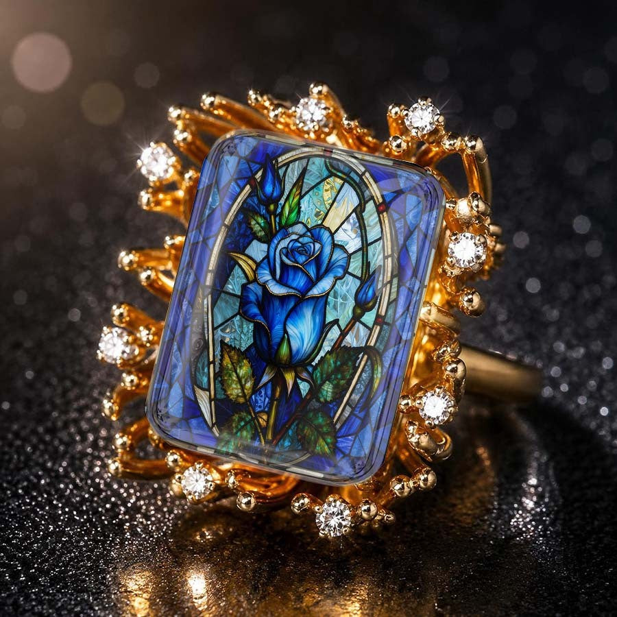 Blue Rose Stained Glass Sunburst Ring