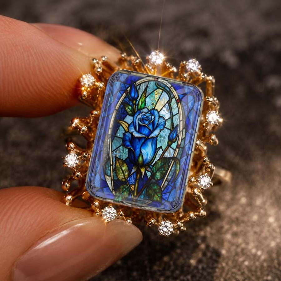 Blue Rose Stained Glass Sunburst Ring