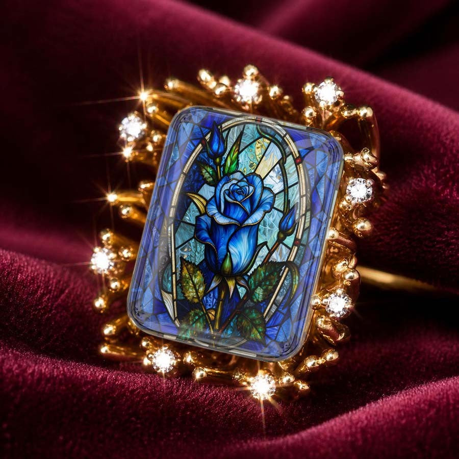 Blue Rose Stained Glass Sunburst Ring