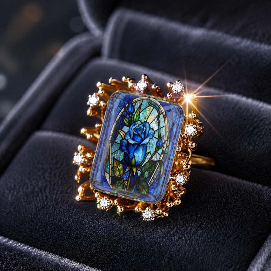 Blue Rose Stained Glass Sunburst Ring