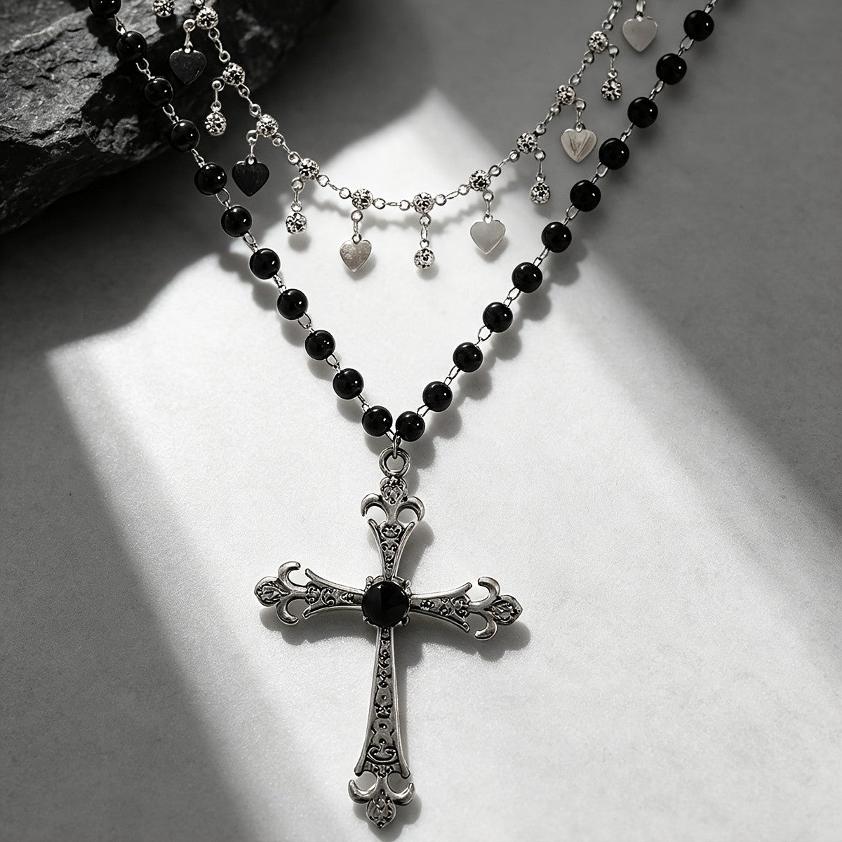 Layered Heart Charm & Black Bead Cross Necklace