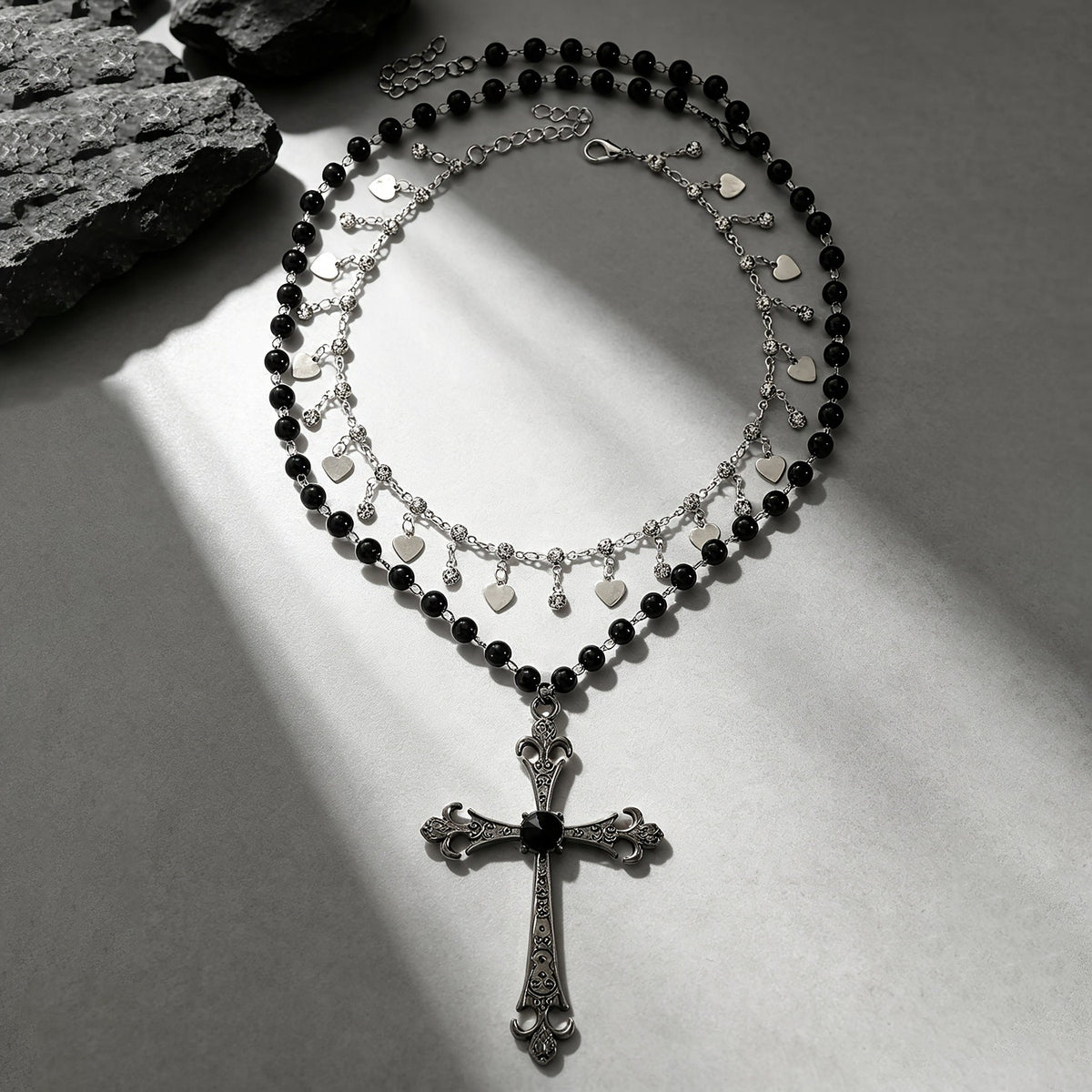 Layered Heart Charm & Black Bead Cross Necklace
