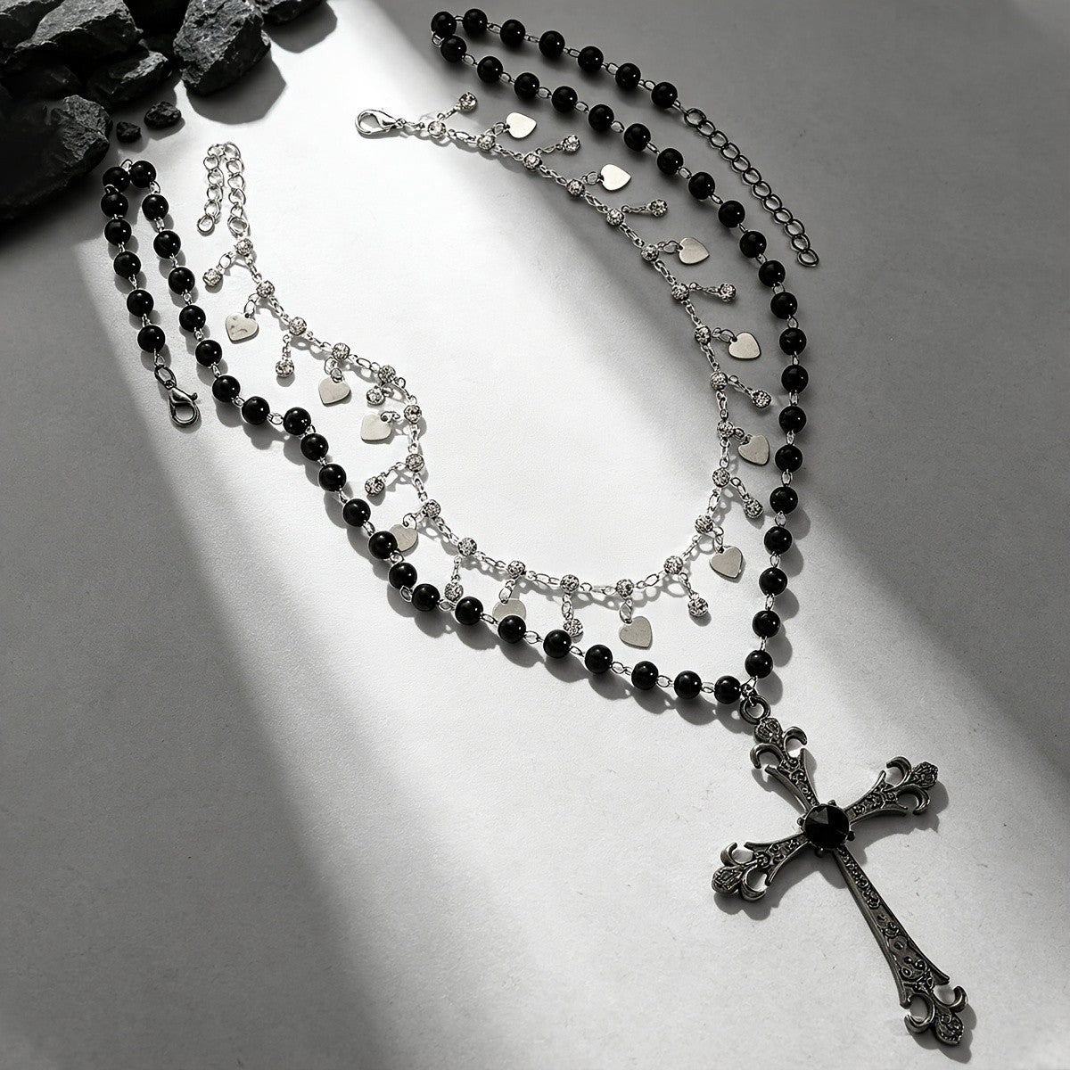 Layered Heart Charm & Black Bead Cross Necklace
