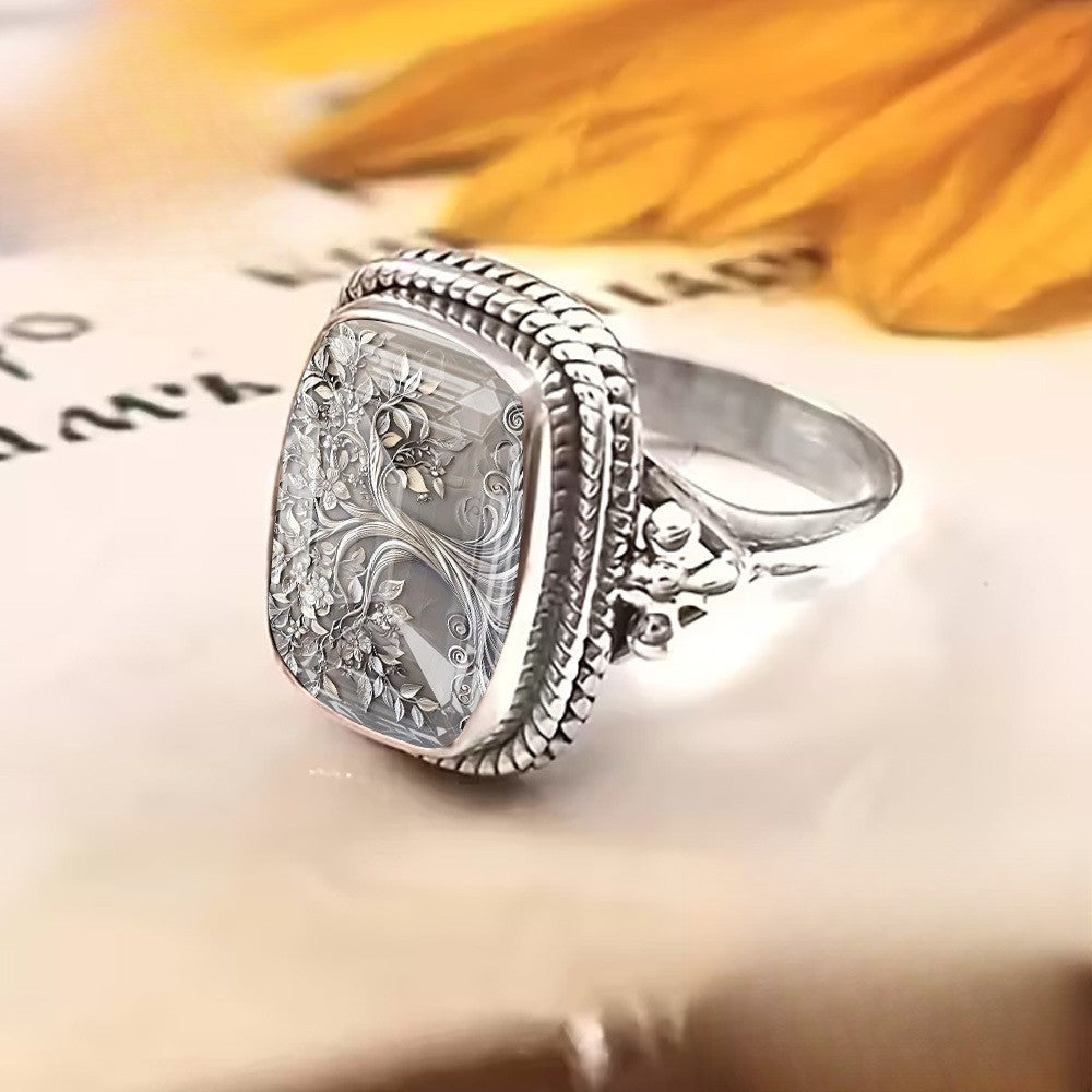 Floral Crystal Square Ring