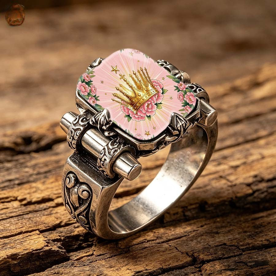 Pink Crown Floral Square Ring