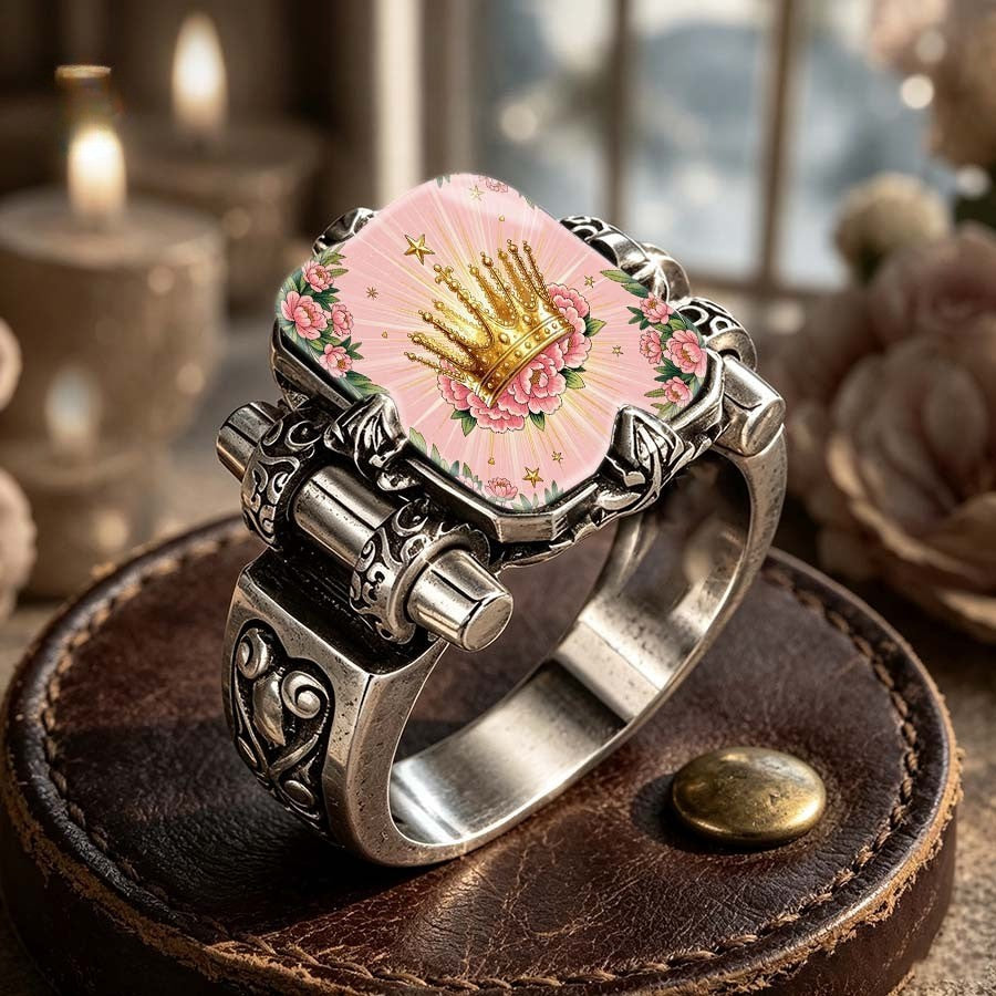 Pink Crown Floral Square Ring