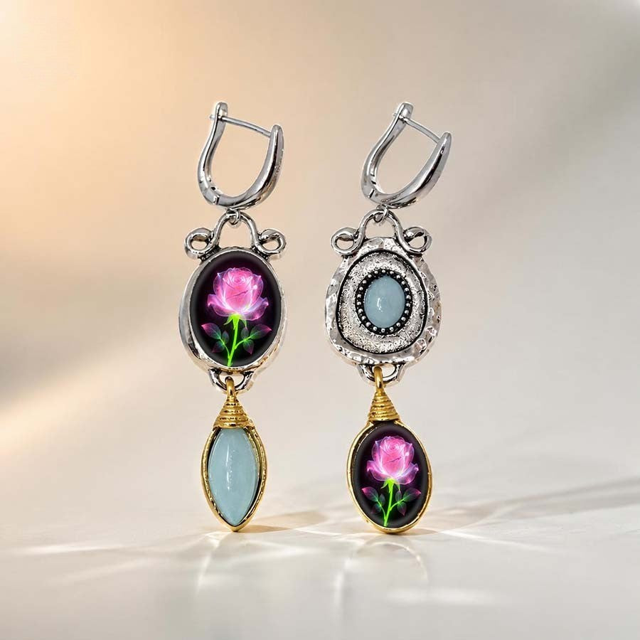Asymmetrical Rose & Stone Drop Earrings