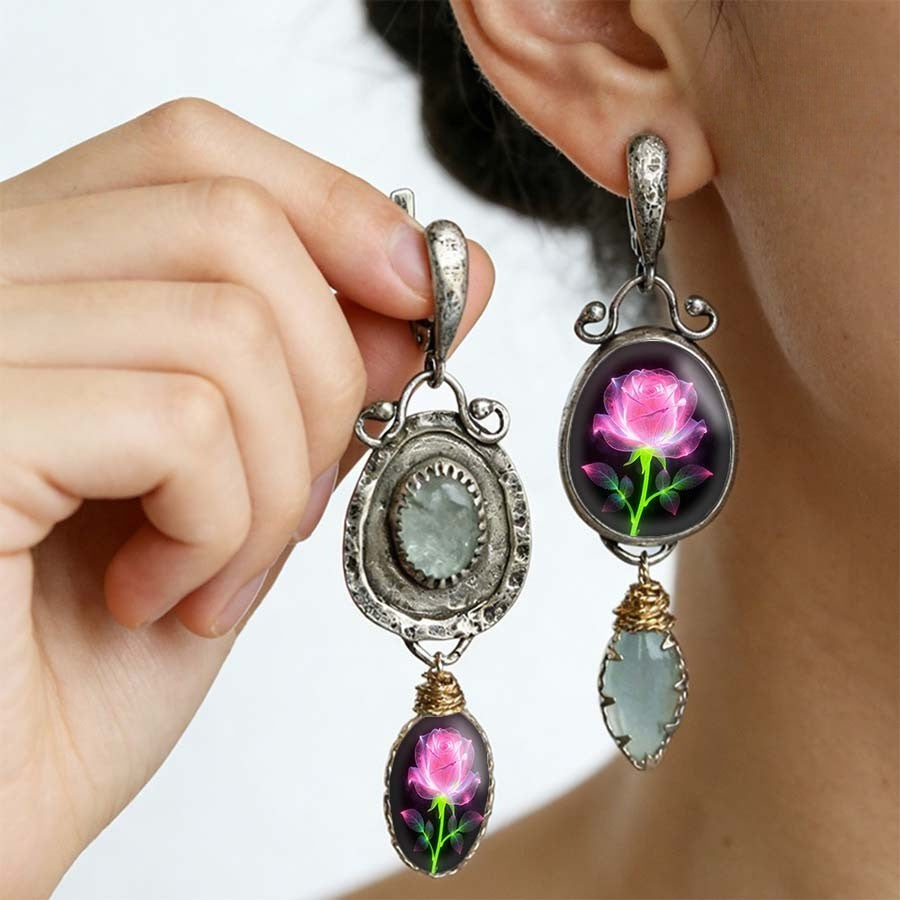 Asymmetrical Rose & Stone Drop Earrings