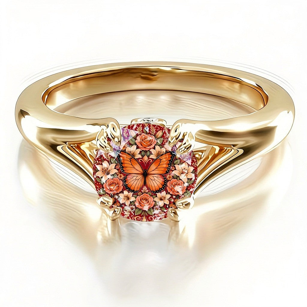Orange Butterfly Floral Square Ring