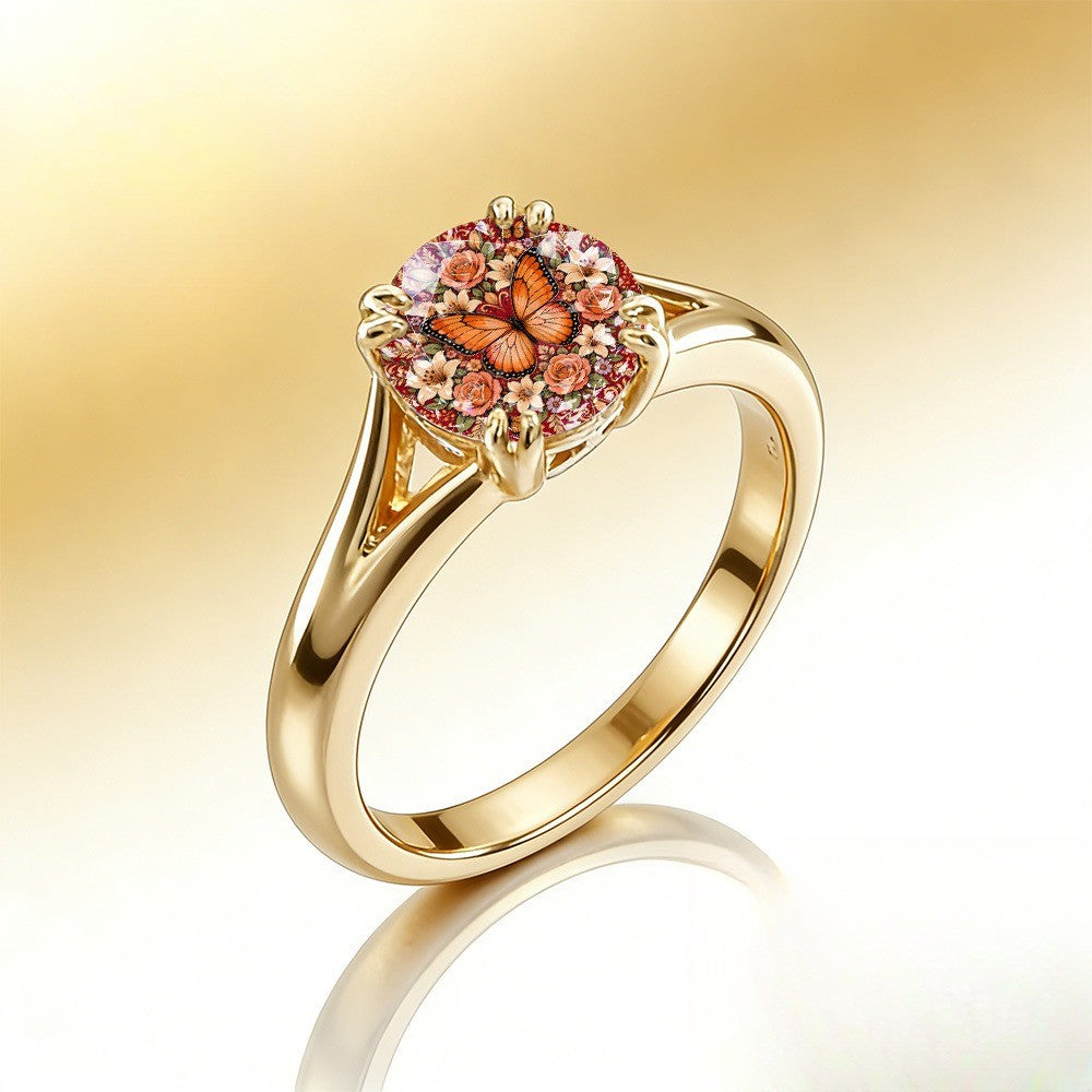 Orange Butterfly Floral Square Ring