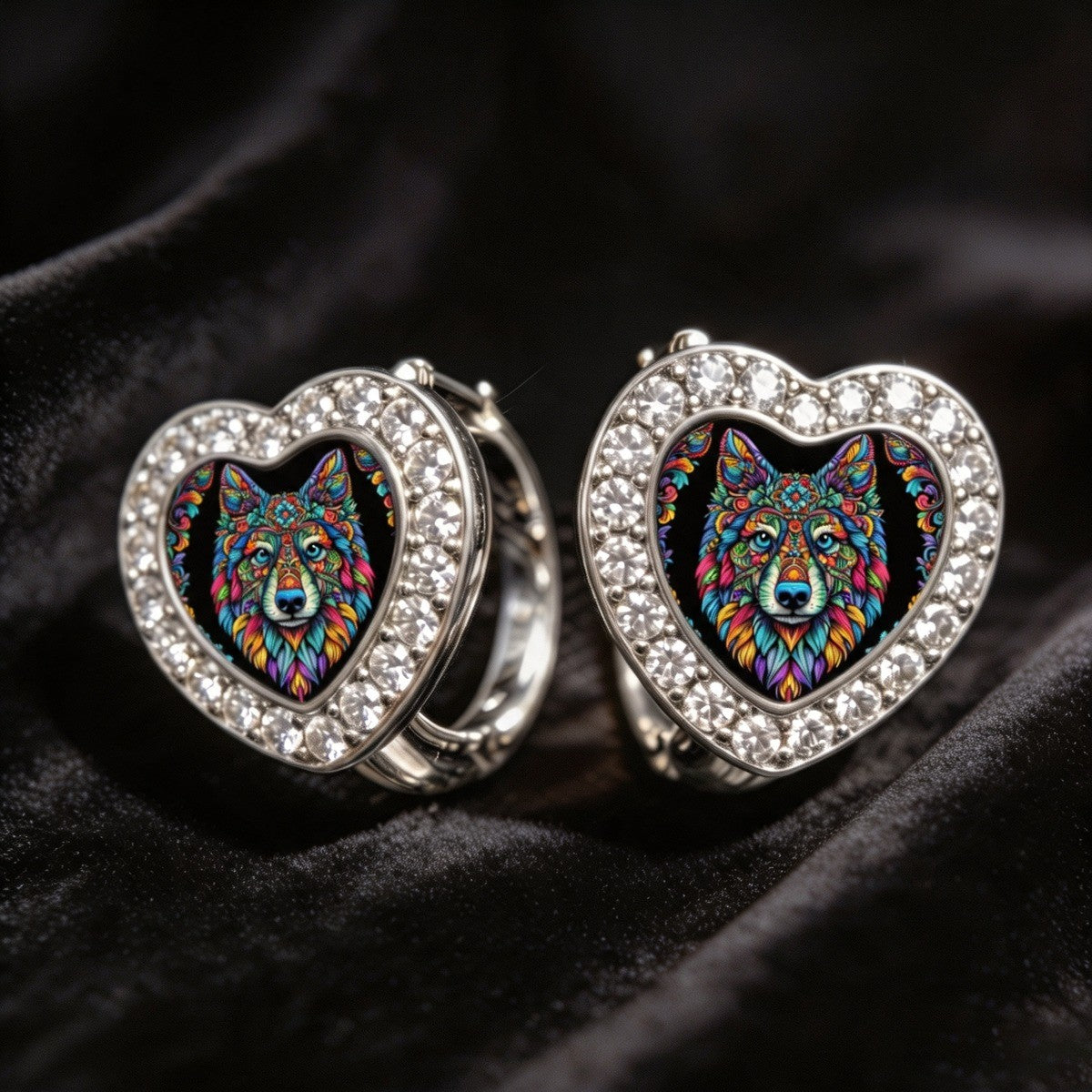 Colorful Wolf Heart Earrings