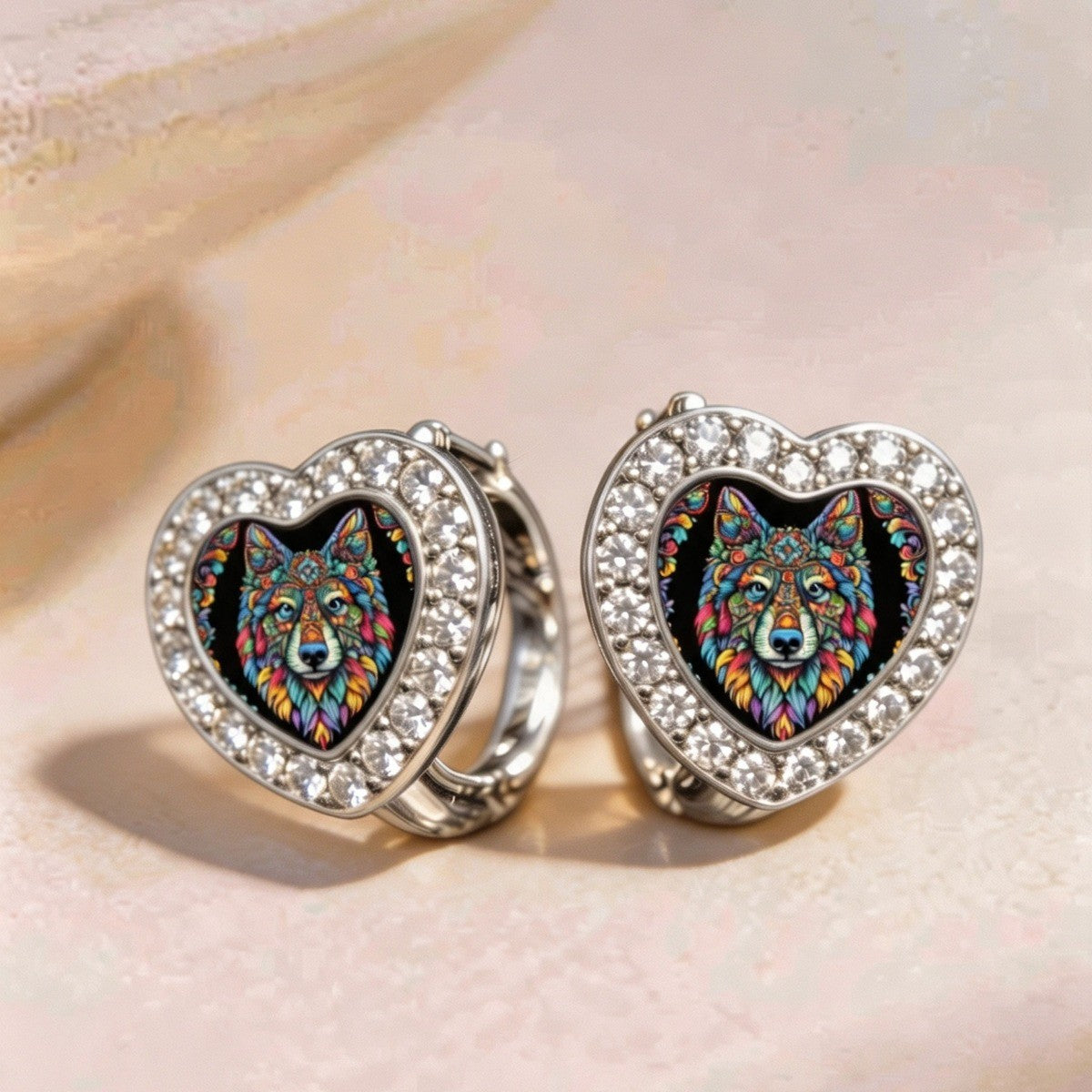 Colorful Wolf Heart Earrings