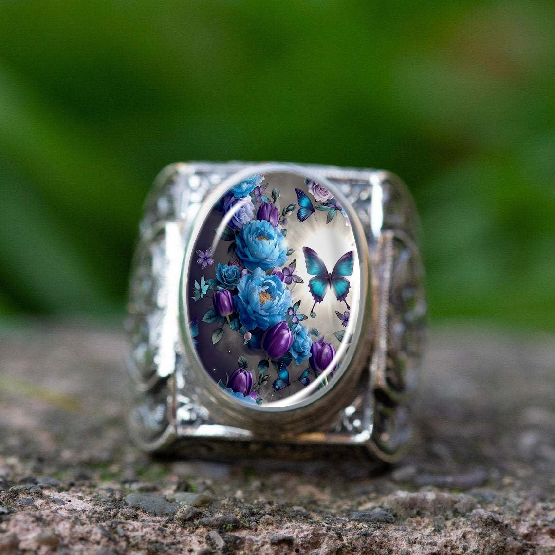 Blue Floral Butterfly Filigree Ring