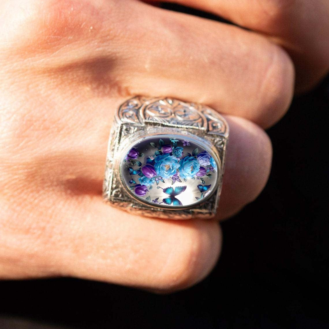 Blue Floral Butterfly Filigree Ring