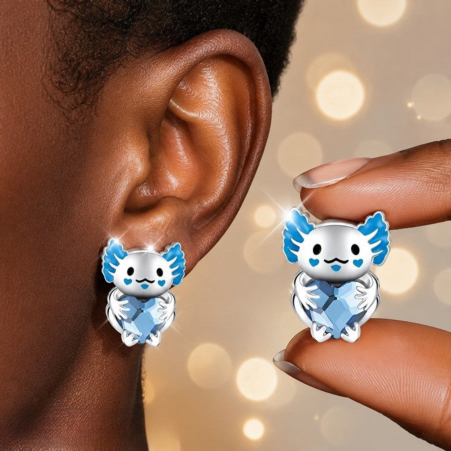 Blue Axolotl Heart Stud Earrings