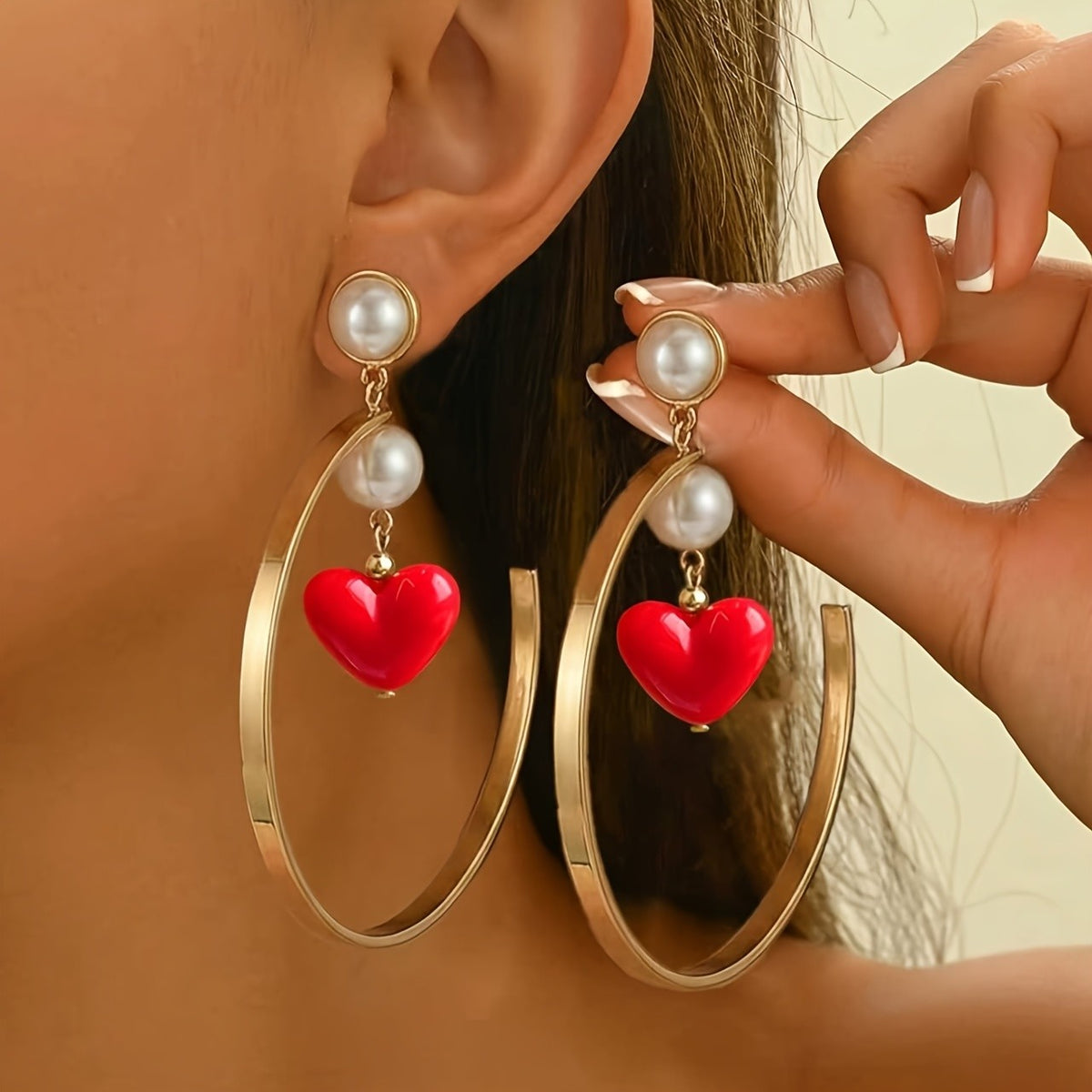 Red Heart Pearl Hoop Earrings