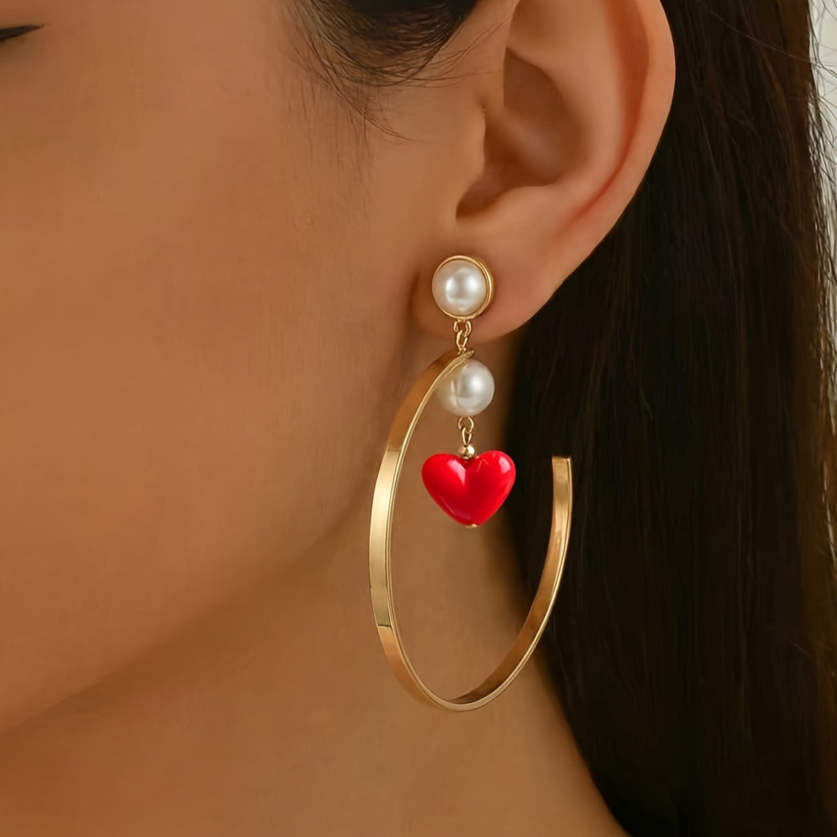 Red Heart Pearl Hoop Earrings